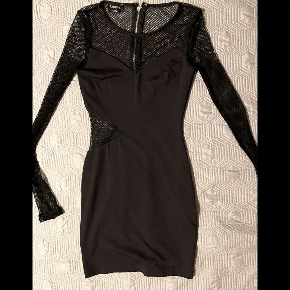 Bebe Black Dress With Long Mesh Sleeves